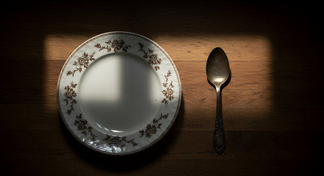 Elegantly Decorated Plate and Spoon on Wooden Table in Dramatic Lighting