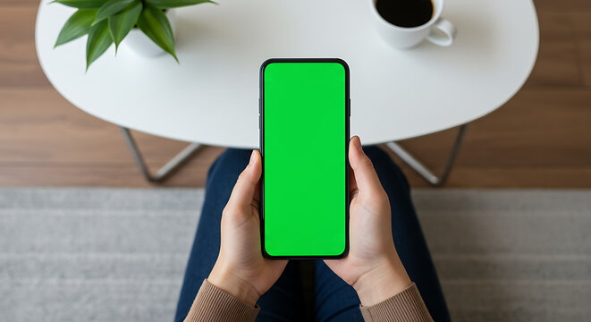 Hands Holding Smartphone with Green Screen Above Coffee Table