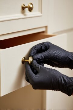Hands wearing gloves installing cabinet knob in kitchen renovation project