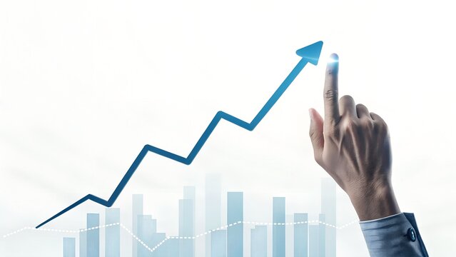Touching Growth &ndash; Business Success and Strategic Progress Concept, Abstract, Strategy, Line Graph, Blue Arrow, City Skyline, Pointing Hand
