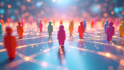 Clean 3D rendering of a human-icon social connection network showing people avatars linked together in an interconnected system symbolizing communication, teamwork, community, and digital interaction.