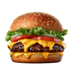 Double Cheeseburger with Lettuce Tomato and Sesame Bun Isolated on Transparent Background