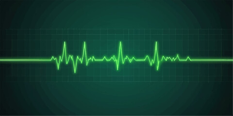 Obraz premium A medical cardiogram displays the rhythmic pulse of a green heartbeat line on an EKG monitor, illustrating a graphic representation of health