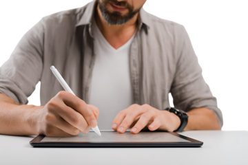 Man using a stylus on a tablet.
