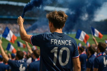 French soccer fan with blue flare among waving national flags