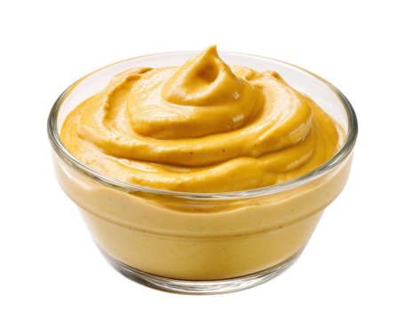 Glass bowl of mustard rotating on transparent background