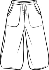 Fashion design flat sketch of wide leg culottes with drawstring and pockets drawing