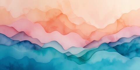 Abstract layered mountain landscape blending soft pastel tones with fluid organic shapes in