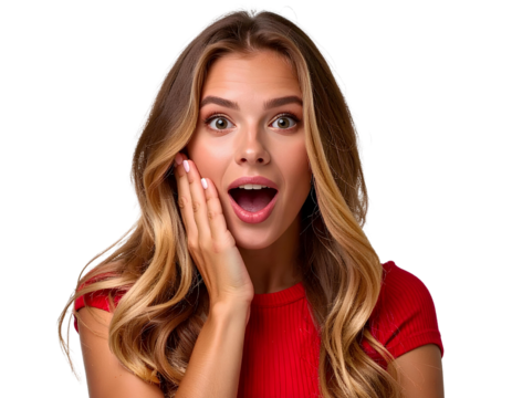 Surprised young woman with hand on cheek, isolated on a transparent background, PNG - Powered by Adobe