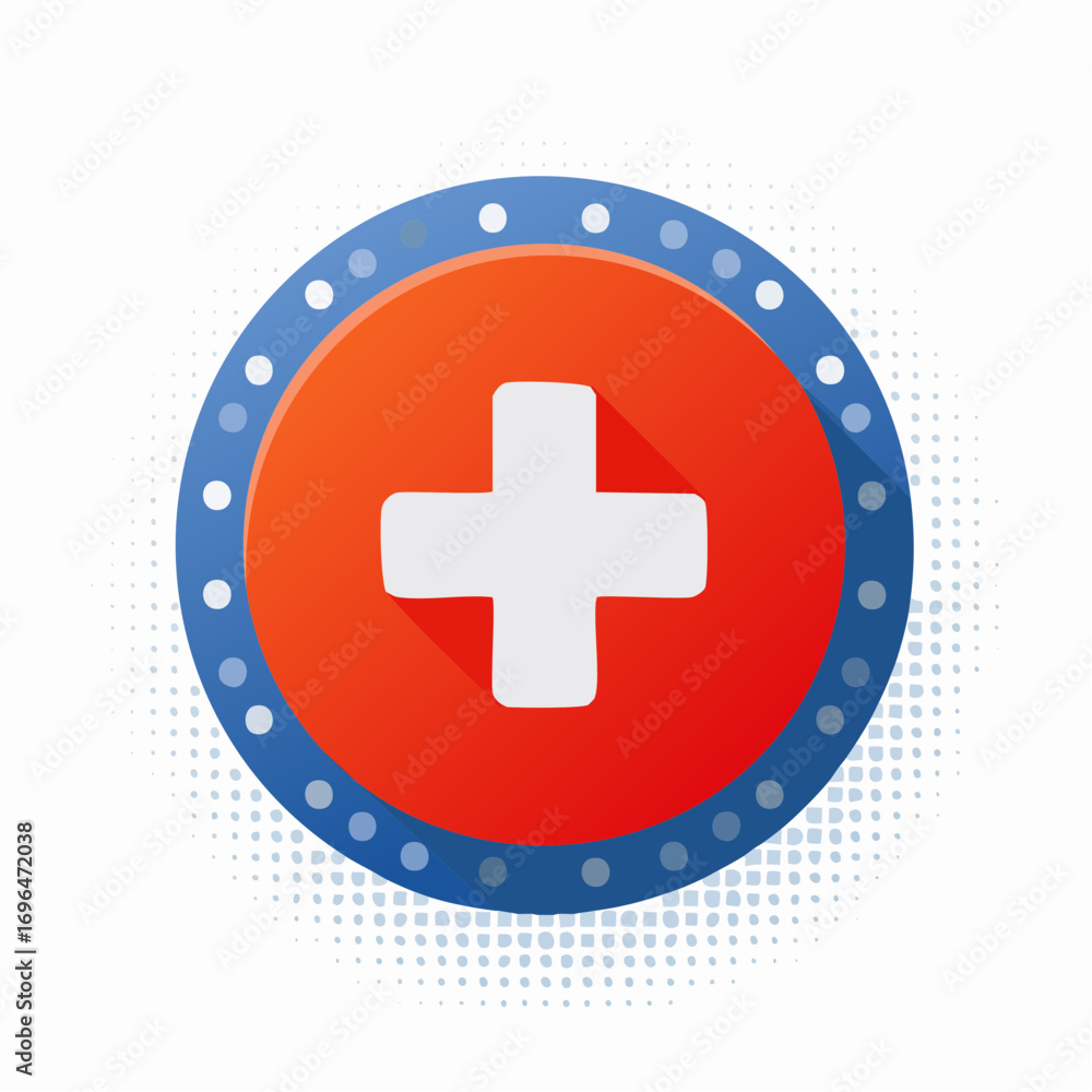 Poster white cross on red circle with blue border and halftone background