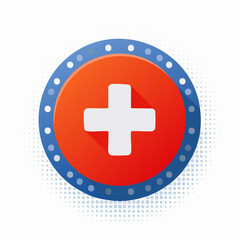 Obraz premium White Cross on Red Circle with Blue Border and Halftone Background