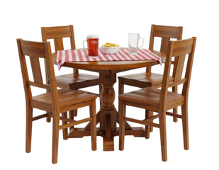 A Wooden Dining Set with a Plaid Table Runner Isolated PNG