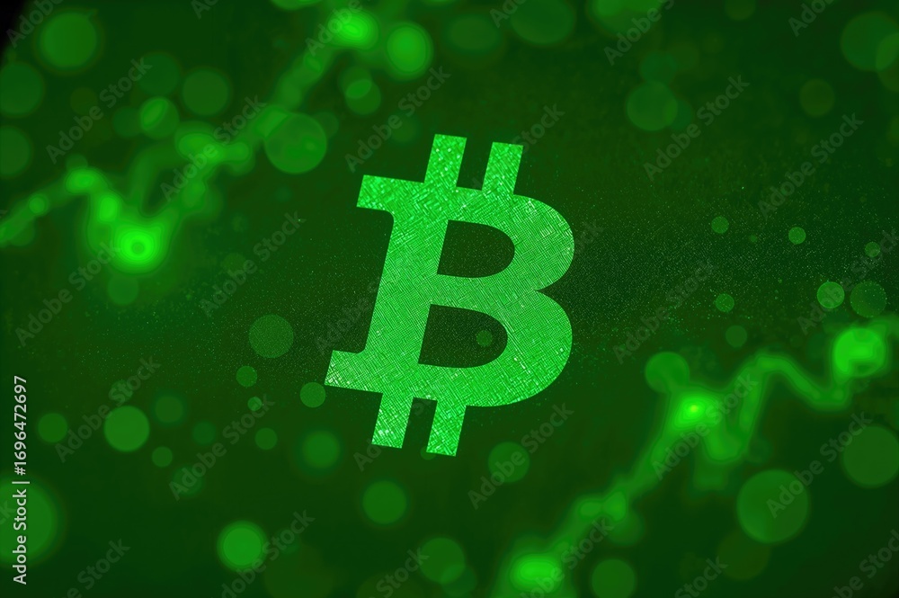 Poster cryptocurrency concept featuring digital bitcoin on a soft green bokeh background