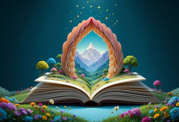 Magical open book revealing a vibrant fantasy landscape with mountains forests and glowing stars
