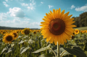 Large yellow bloom known as sunflower in a farming area during summer nature scene.