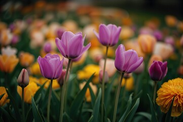 Fototapeta premium Vibrant violet tulips blooming in a lush garden during spring