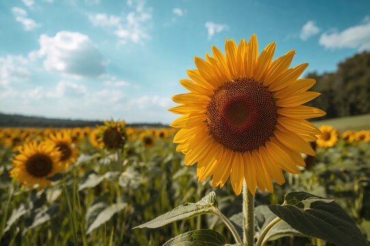 Large yellow bloom known as sunflower in a farming area during summer nature scene. - Powered by Adobe