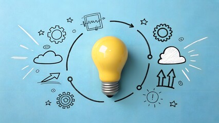 Circle of Ideas – Innovation and Strategic Thinking Concept, Abstract, Strategy, Light Bulb, Line Icons, Blue Background, Creative Flow, Business