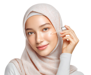 Woman in hijab applying facial serum for skincare routine promoting radiant complexion and beauty enhancing regimen featuring a cosmetic dropper for a healthy youthful look