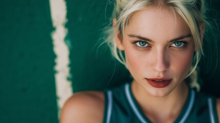 Sports photoshoot. Photo of a blonde model on a tennis court. AI-generated.