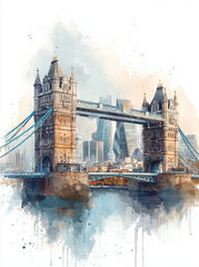 Fototapeta premium elegant watercolor painting of the iconic Tower Bridge spanning the River Thames, the historic Tower of London and the modern skyscrapers of the City of London skyline in the background.