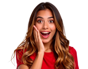 Surprised young woman with hand on cheek, isolated on a transparent background, PNG