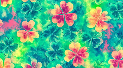 Seamless St. Patrick's Day pattern with clovers. Four-leaf clover background. Seamless pattern with colorful clover leaves. Watercolor St. Patrick's Day background