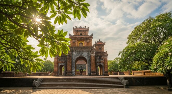 Ancient Brick Gateway with Sun Rays Through Green Leaves - Powered by Adobe