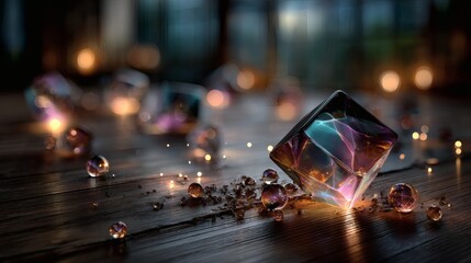Ultra detailed iridescent crystal gems macro with rainbow prism light refraction glowing spectrum sparkle abstract background luxury jewelry fantasy mystical holographic shine elegant faceted 