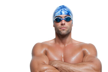 Muscular swimmer with swimming cap and goggles