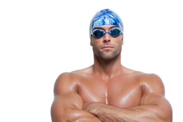 Muscular swimmer with swimming cap and goggles
