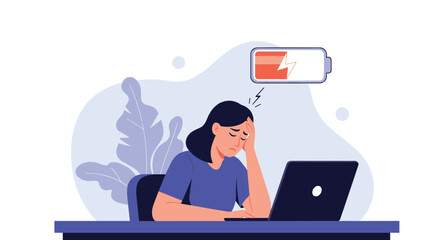 Young woman feeling exhausted and overwhelmed at her desk with a low battery icon symbolizing low energy levels and burnout from hard work overload and stress