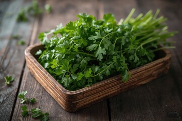Naklejka premium Heap of fresh green coriander on a rustic wooden tray with a natural wooden backdrop, cooking ingredients, healthy plant leaves, kitchen essentials