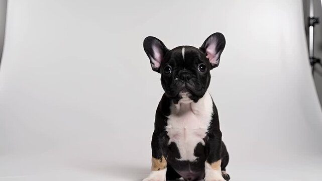 スタジオ照明のもと、フレンチブルドッグの子犬が真っ白なニュートラル背景で座っています。大きくまんまるな瞳が印象的で、可愛らしさと親しみやすさを強調。