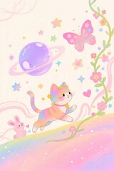 Whimsical Celestial Dreamscape Kitten, Bunnies, and Cosmic Wonders product mockup photo E-commerce marketing poster Background shooting scene