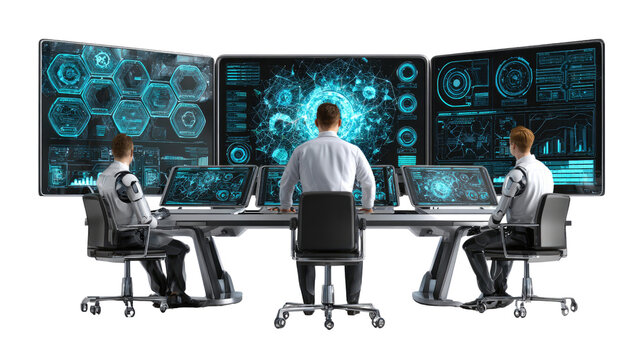 Digital Command Center: Three individuals are seen in front of a sleek digital display interface, monitoring sophisticated information and data, while the center is illuminated by a futuristic aura.