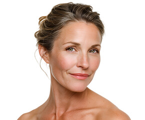 Elegant middle aged woman close up portrait gazing with grace natural beauty and confidence skin texture and realistic complexion with sophisticated updo hairstyle subtle makeup