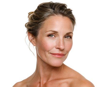 Elegant middle aged woman close up portrait gazing with grace natural beauty and confidence skin texture and realistic complexion with sophisticated updo hairstyle subtle makeup
