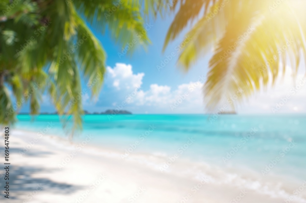 Poster blurred tropical beach scene with sunlight bokeh and waves, abstract nature background with space fo