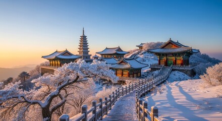 Serene Winter Morning at an Ancient Asian Temple