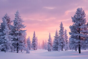 beautiful winter landscape with trees and sky at sunset