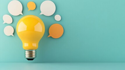A colorful light bulb surrounded by speech bubbles on a teal background, symbolizing ideas, creativity, and communication.
