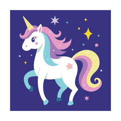 Fototapeta premium White Unicorn with Pastel Mane and Tail on Dark Blue Background