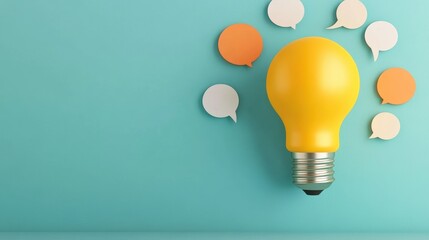 A bright yellow light bulb surrounded by colorful speech bubbles against a turquoise background, symbolizing creativity and ideas.