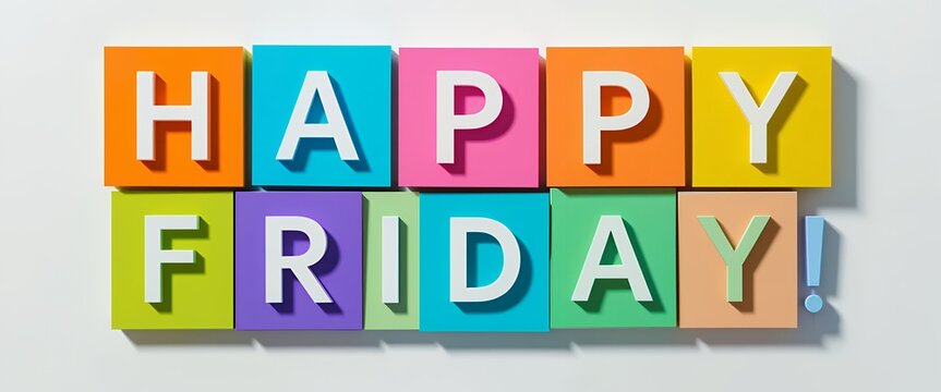 colorful blocks spelling happy friday with vivid shadows on white background vibrant playful design