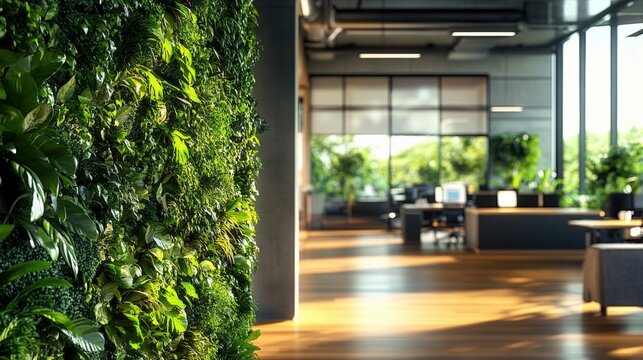 A modern office space featuring a vibrant green wall with plants, natural light, and a warm wooden floor, promoting a refreshing work environment.