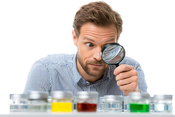 Man examining colorful liquids with magnifying glass.
