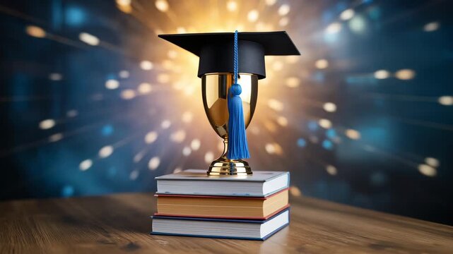 Golden trophy with academic cap - Pride, success - Placed on a stack of books - Abstract glowing background with sparkles