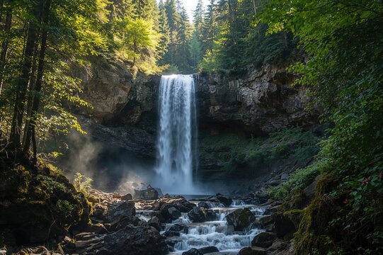 Scenic cascade surrounded by lush greenery and stones