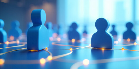 Clean 3D rendering of a human-icon social connection network showing people avatars linked together in an interconnected system symbolizing communication, teamwork, community, and digital interaction.